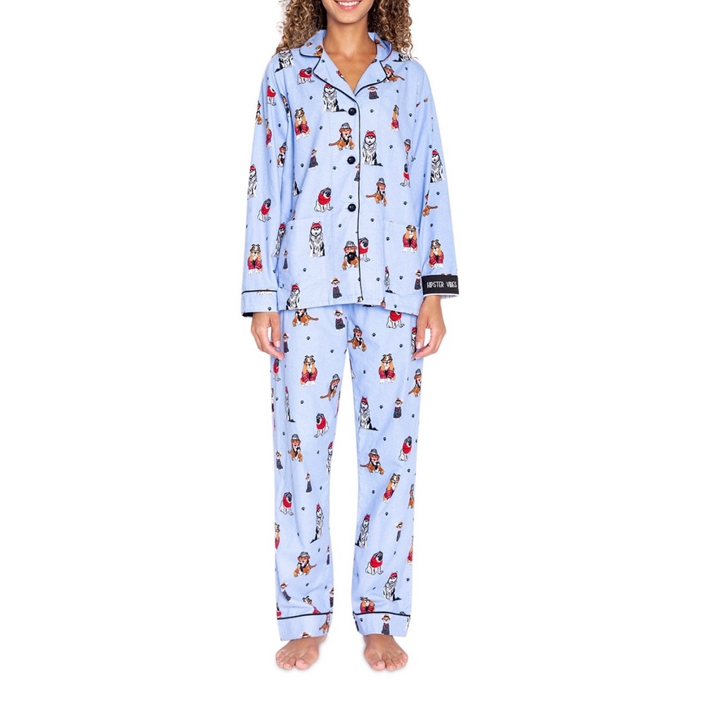 PJ Salvage Flannel Dog Print Pajama Set with Hair wrap